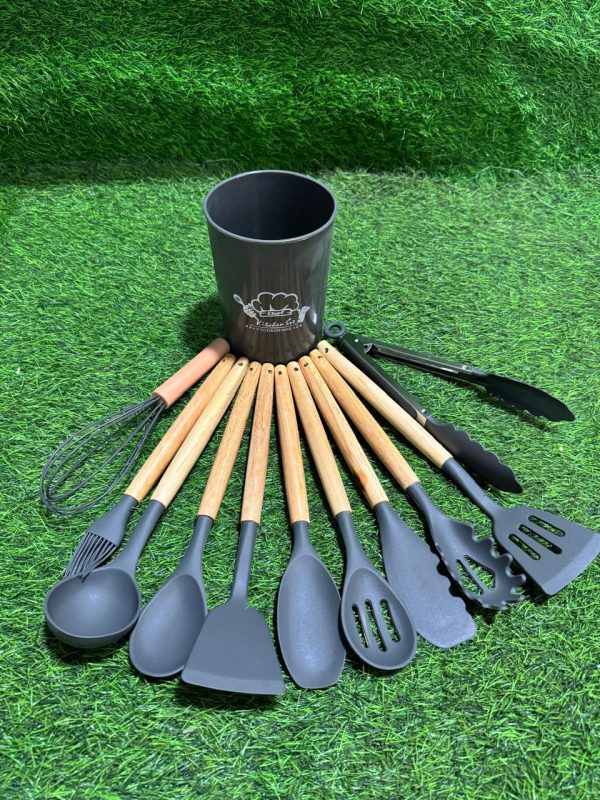 Set de 12 Utensilios Cocina Mango Madera Y Silicona - Imagen 6