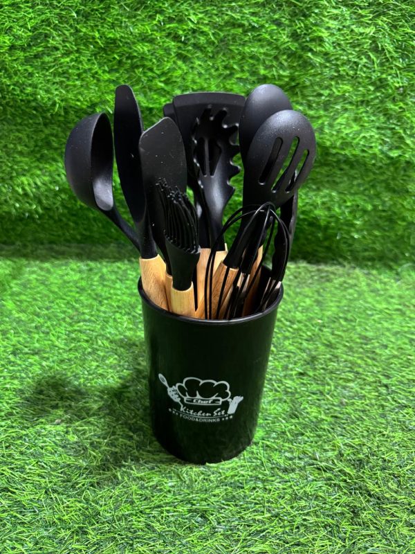 Set de 12 Utensilios Cocina Mango Madera Y Silicona - Imagen 3