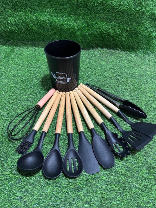 Set de 12 Utensilios Cocina Mango Madera Y Silicona - Imagen 4